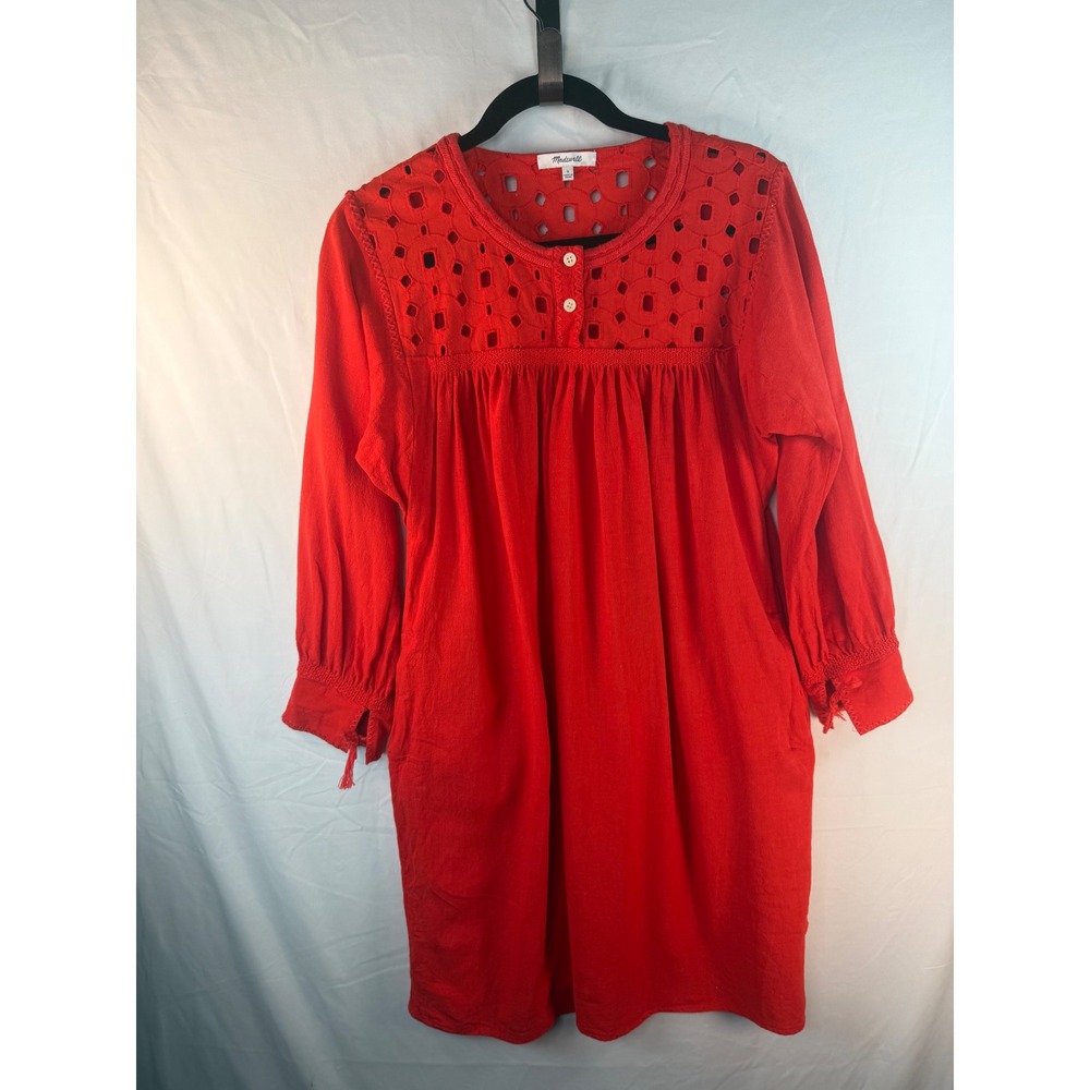 Madewell Red Eyelet Yoke Linen & Cotton Sz Small Long Sleeve Shift Mini Dress l